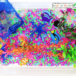 Aquarium sensory bin activity with fish, plants, and stones
