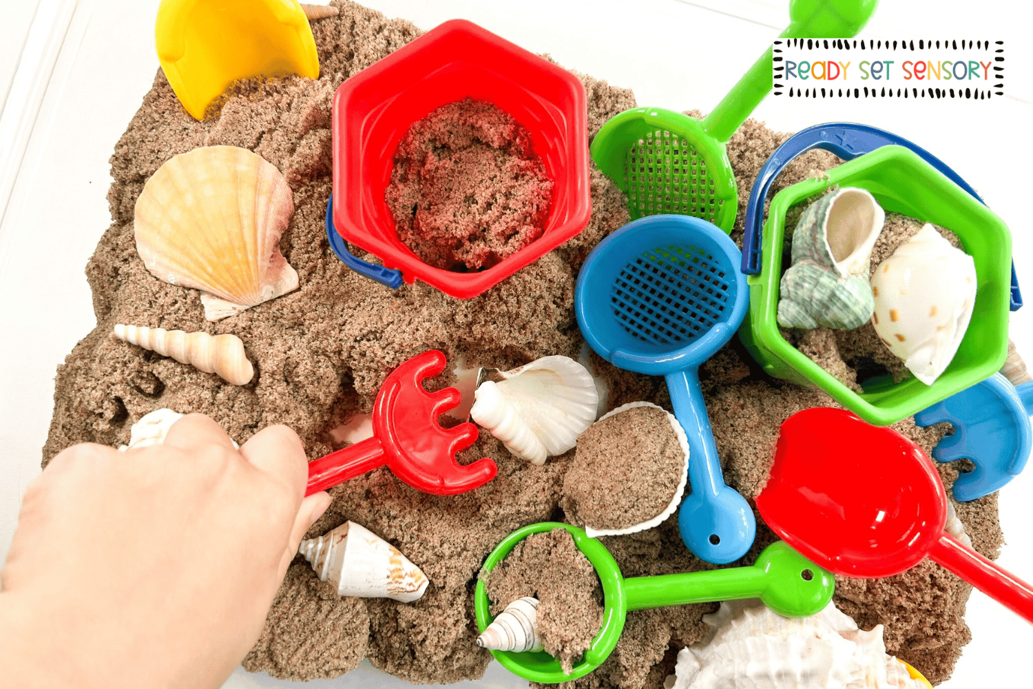 Beach sensory bin with sand, shells, and colorful scoops for kids