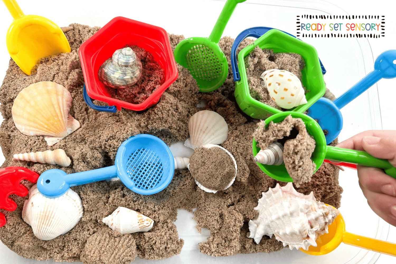 Hands scooping sand and seashells in a beach sensory bin