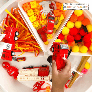 Fire rescue sensory bin with toy fire trucks, firefighter figures, and sensory materials