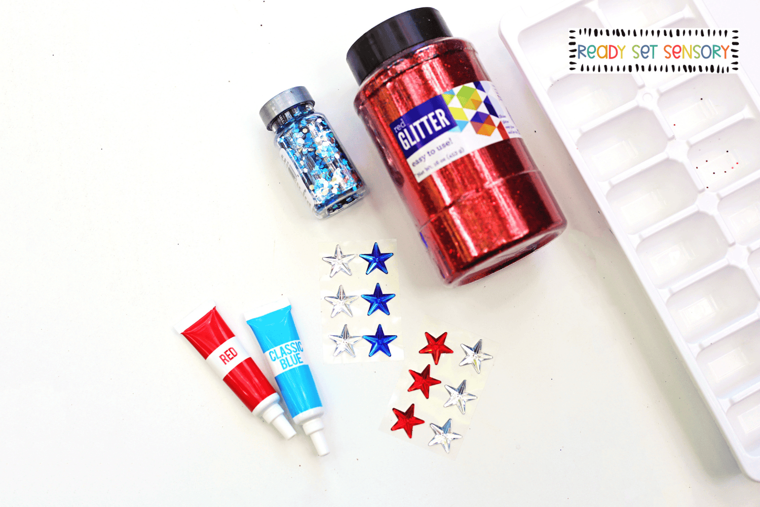 Patriotic ice cube activity supplies with glitter and droppers