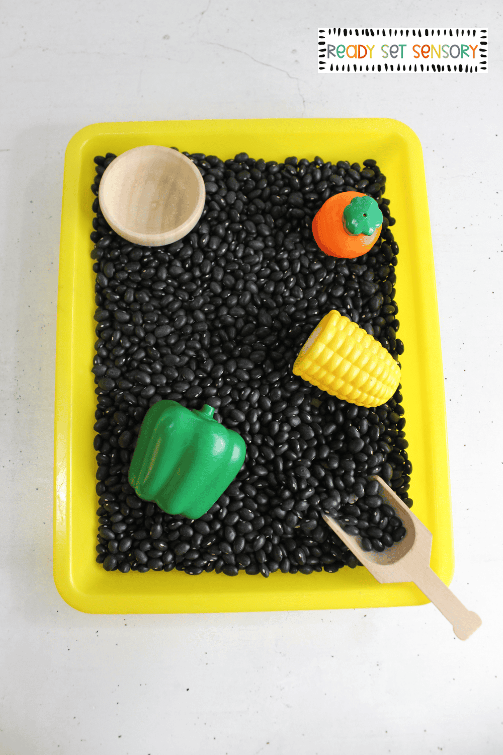 Veggie sensory bin with black beans, toy vegetables, and wooden scoop