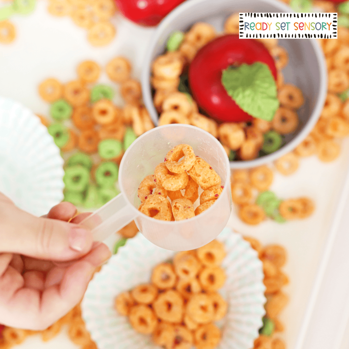 Apple Jacks sensory bin supplies with cereal, apples, cupcake liner, and container for toddler sensory play
