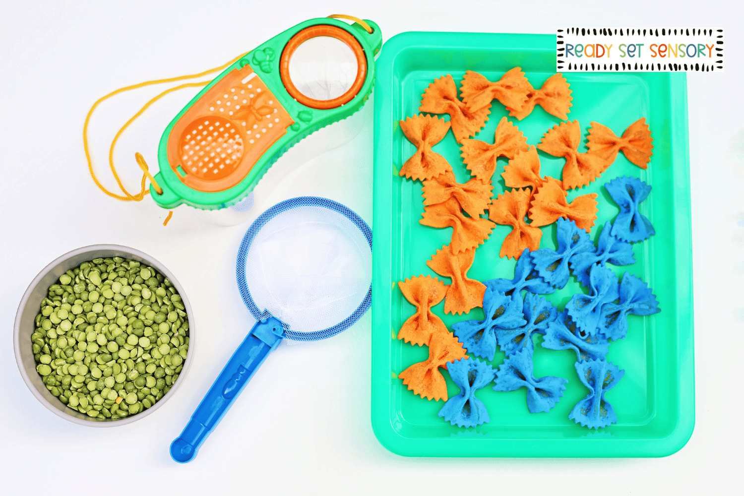 Supplies for catching butterflies sensory bin with dyed pasta and green lentils