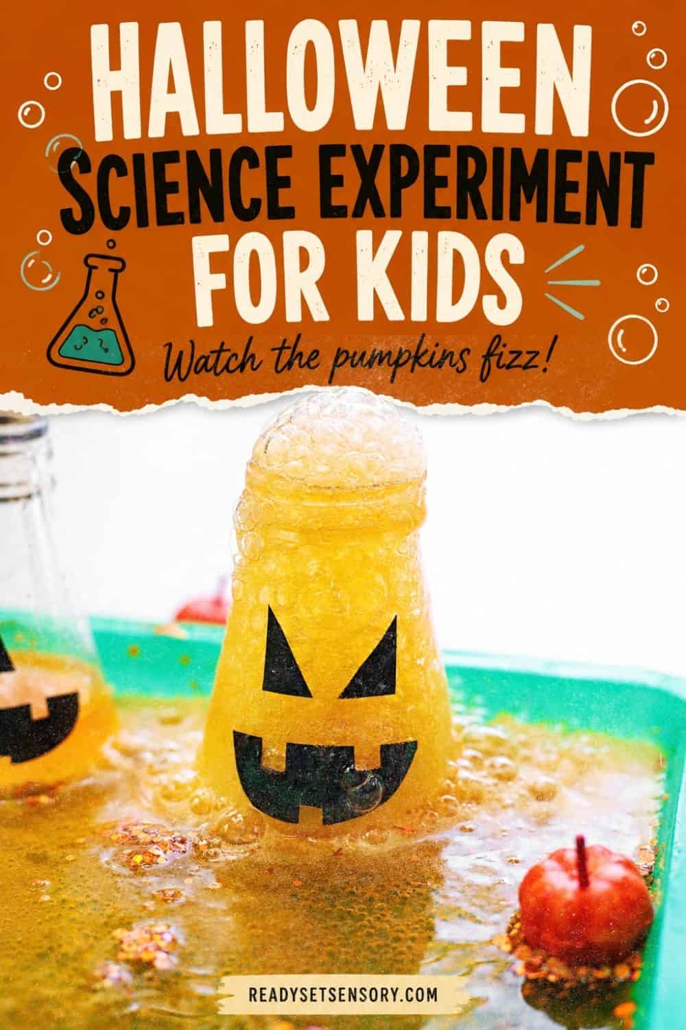 Child building fine motor skills with a Fizzy Jack-o-Lantern Potions