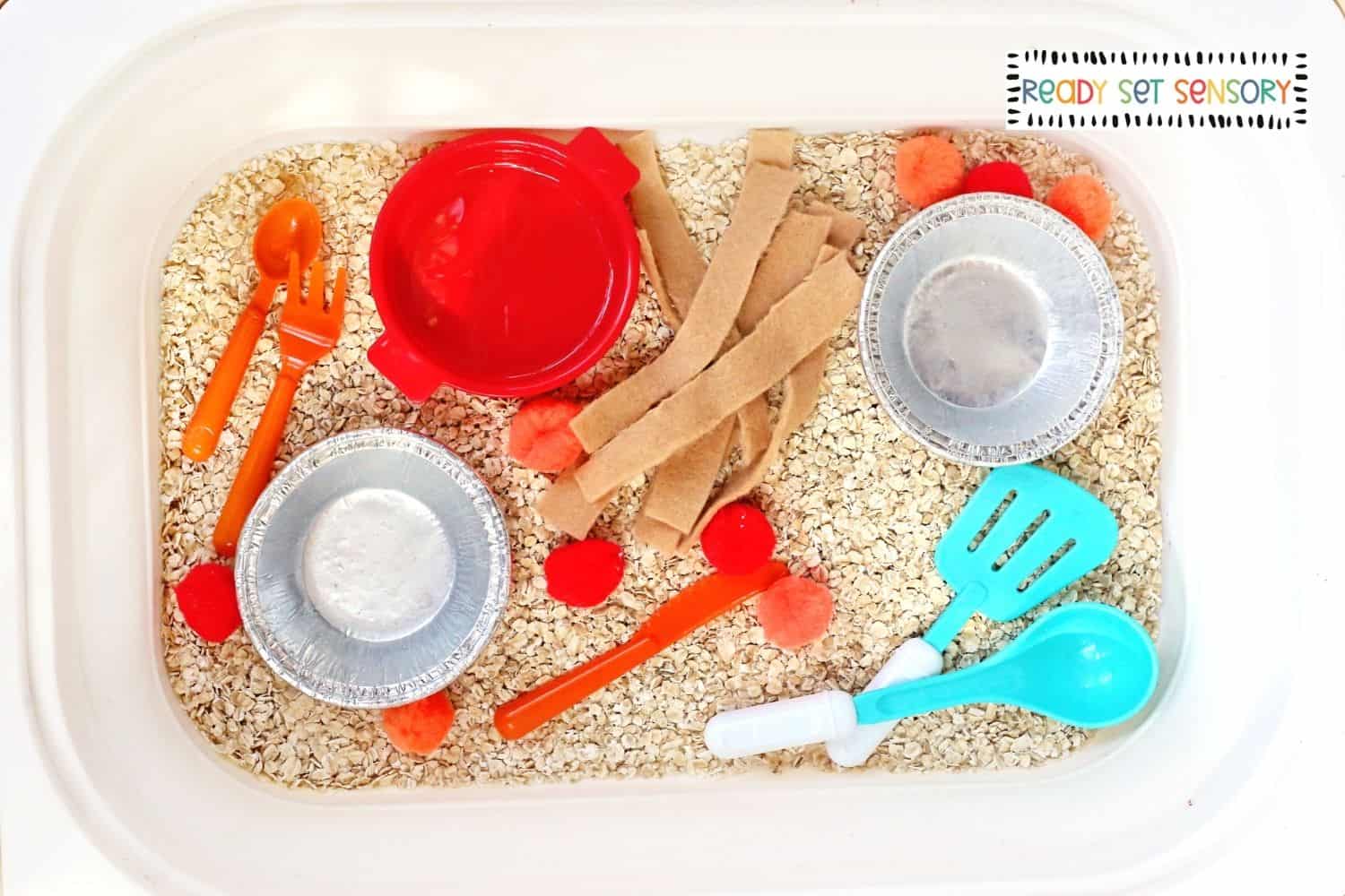Fall Pie Shop Sensory Bin setup in progress