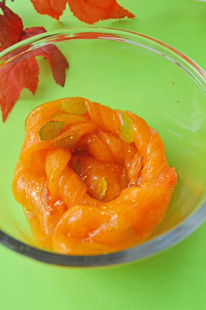 Orange Glitter Fall Slime Recipe by Made in a Pinch