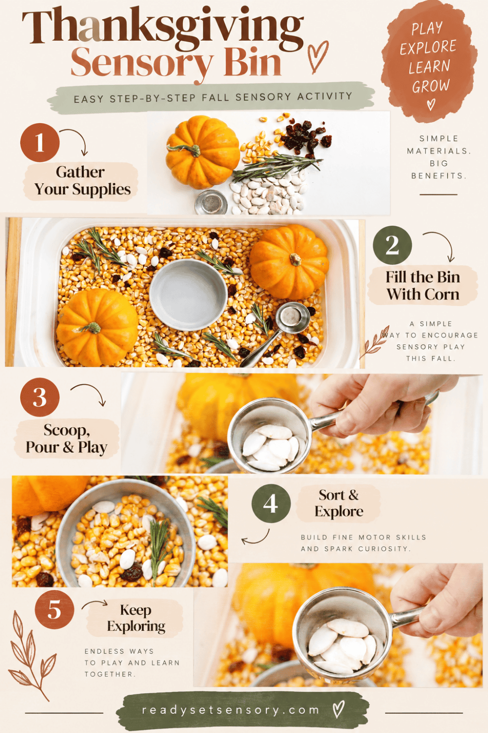 Thanksgiving Sensory Bin With Corn and Mini Pumpkins - How to Set Up