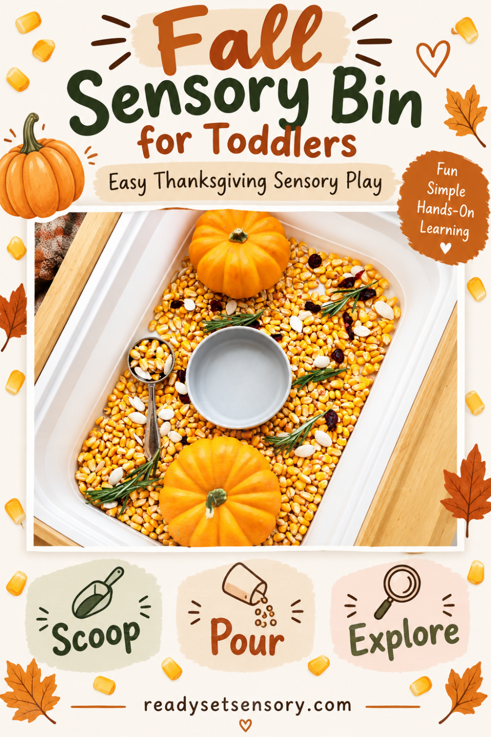 Thanksgiving Sensory Bin With Corn and Mini Pumpkins - More Sensory Ideas