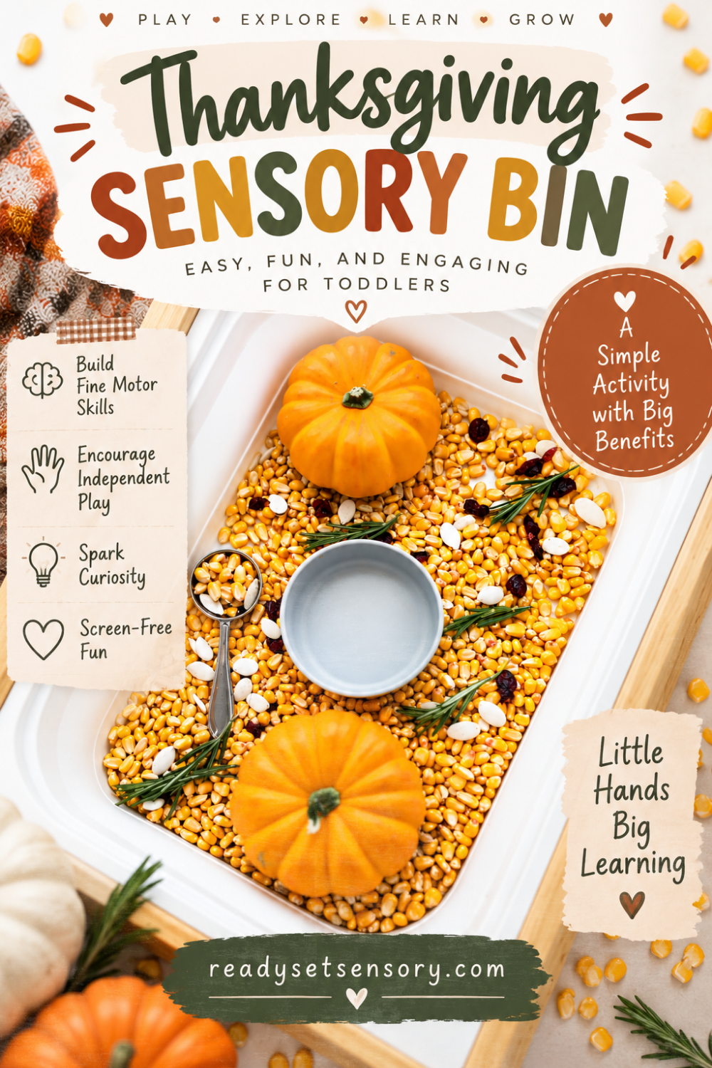 Thanksgiving Sensory Bin With Corn and Mini Pumpkins - Skills Kids Build