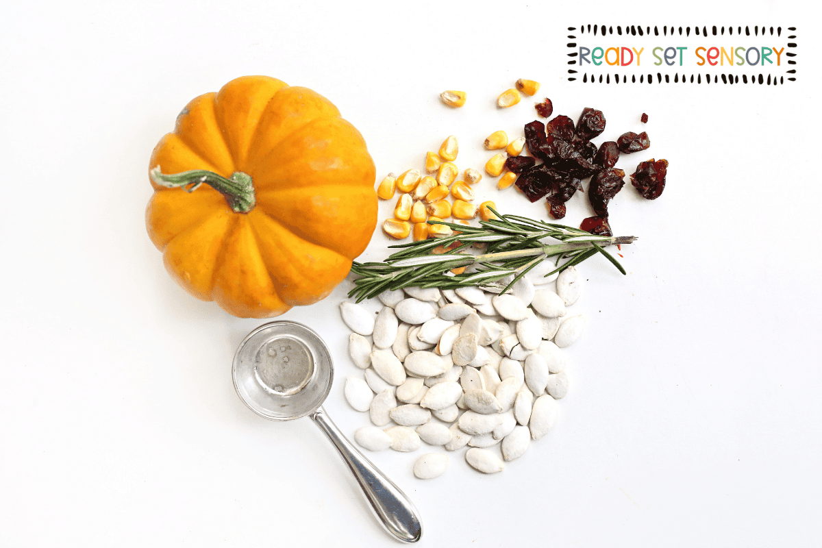 Thanksgiving Sensory Bin With Corn and Mini Pumpkins - Step 1