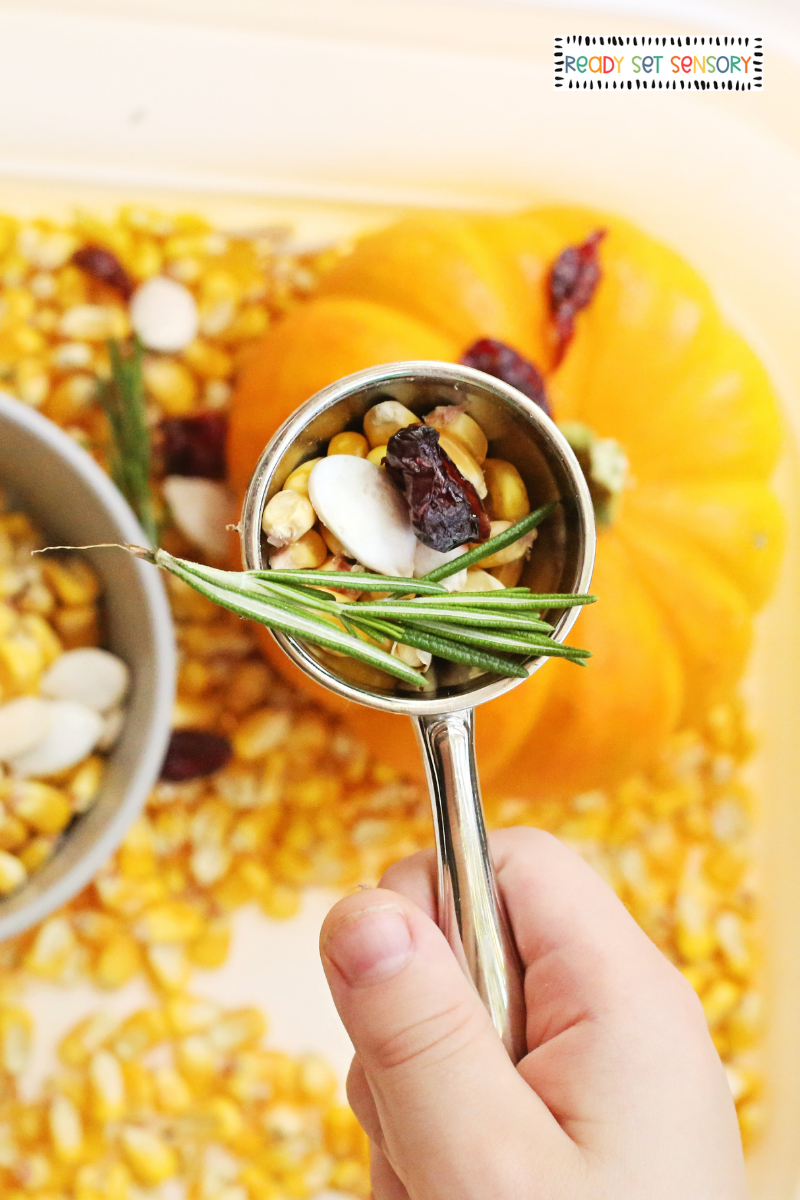 Thanksgiving Sensory Bin With Corn and Mini Pumpkins - Step 3