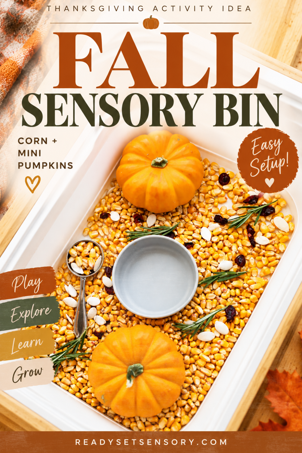 Thanksgiving Sensory Bin With Corn and Mini Pumpkins - Tips and Variations
