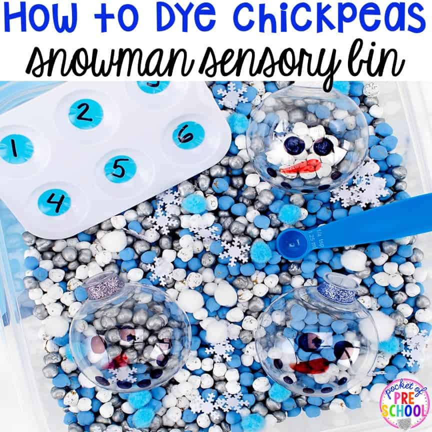 Snowman Sensory Table & How to Color Chickpeas Tutorial - Pocket of Preschool